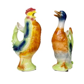 Antique French St Clement Hand Painted Majolica Decanters, Two Total