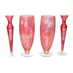 Cranberry Etched Glass Vases, Two Pair