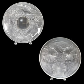 Vintage Frosted Glass Items, Two Total, Water Lillies Frosted Glass Bowl and Val St. Lambert Charger