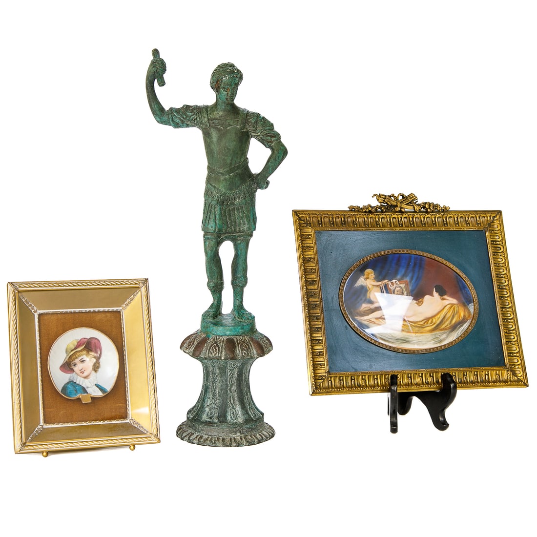 Decorative Items, Three Total,: Decorative Items, Three Total, Includes One Verde Bronze Vintage, Discontinued Maitland-Smith Male Roman Figure Holding Scroll Resting on Shaped Base, 14.25" High, 5.5" Wide, 3.5" Deep; Along with One