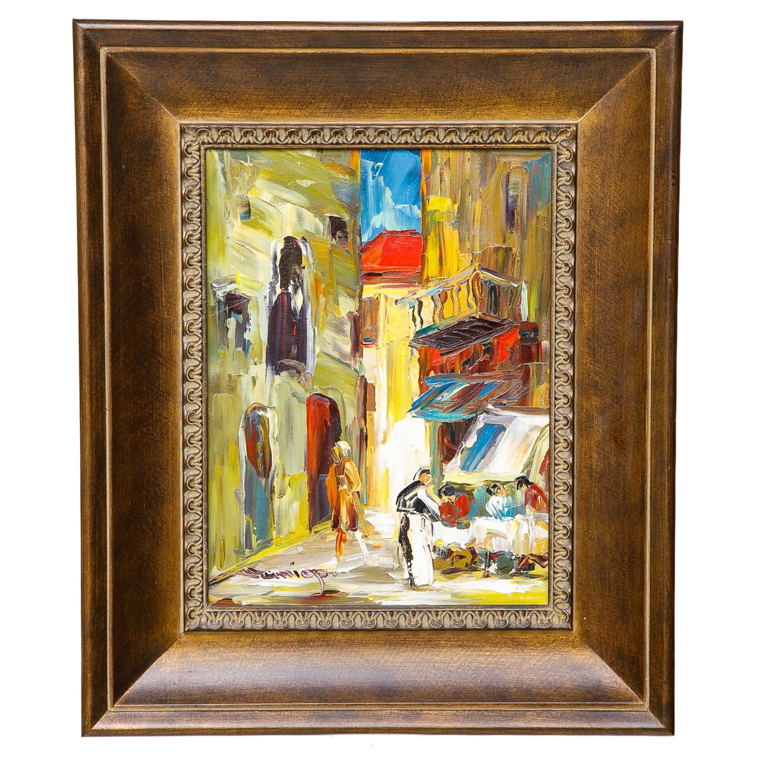 Street Scene, Oil on Canvas: Street Scene, Oil on Canvas, Depicting Bistro Among Buildings and Lady Walking, Signed Lower Left, Housed in Simple Burnished Gold Frame Having Carved Details. 24" High, 20" Wide, 2.5" Deep; Canvas-16