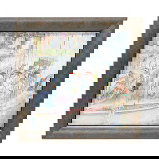 Contemporary Painting, Oil on Canvas, Venetian Carousel Scene: Contemporary Painting, Oil on Canvas, Venetian Carousel Scene Featuring Young Girl Watching Carousel and Young Lady with Rose, Signed Salaba Lower Center, Housed in Distressed Gray Frame. 37.25" High,