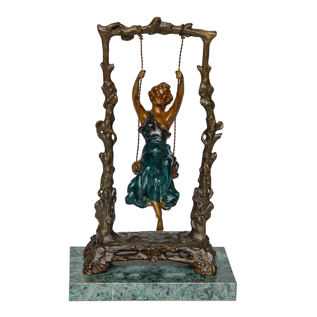 Art Nouveau Auguste Moreau Re Cast Patinated Bronze Sculpture of The Girl on Swing: Art Nouveau Auguste Moreau Re Cast Patinated Bronze Sculpture of The Girl on Swing, Depicting Young Girl on Vine Swing, Signed Lower Right, Resting on Verde Green Marble Rectangular Form Base. 11" Hig