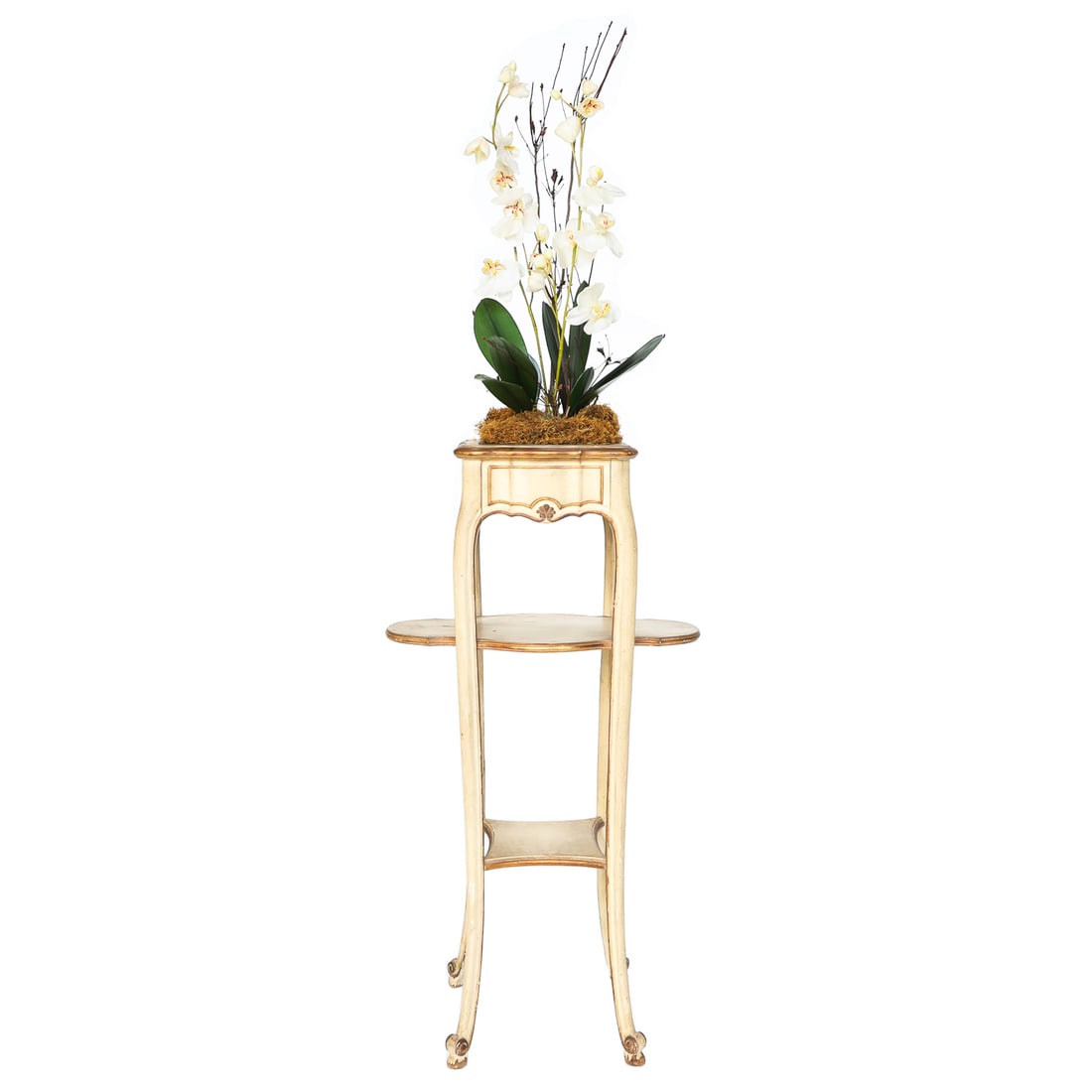 Unique Shape French Louis XV Style Painted Jardiniere: Unique Shape French Louis XV Style Painted Jardiniere, Having Serpentine Shaped Gold Edge Top, Resting on Cabriole Legs, Terminating in Scroll Feet, Having One Oval Shaped Upper Shelf, One Square Shap