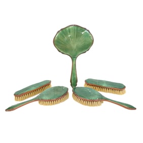 Vintage Guilloche Green Enamel Spelter Bound Vanity Set, Five Total Pieces