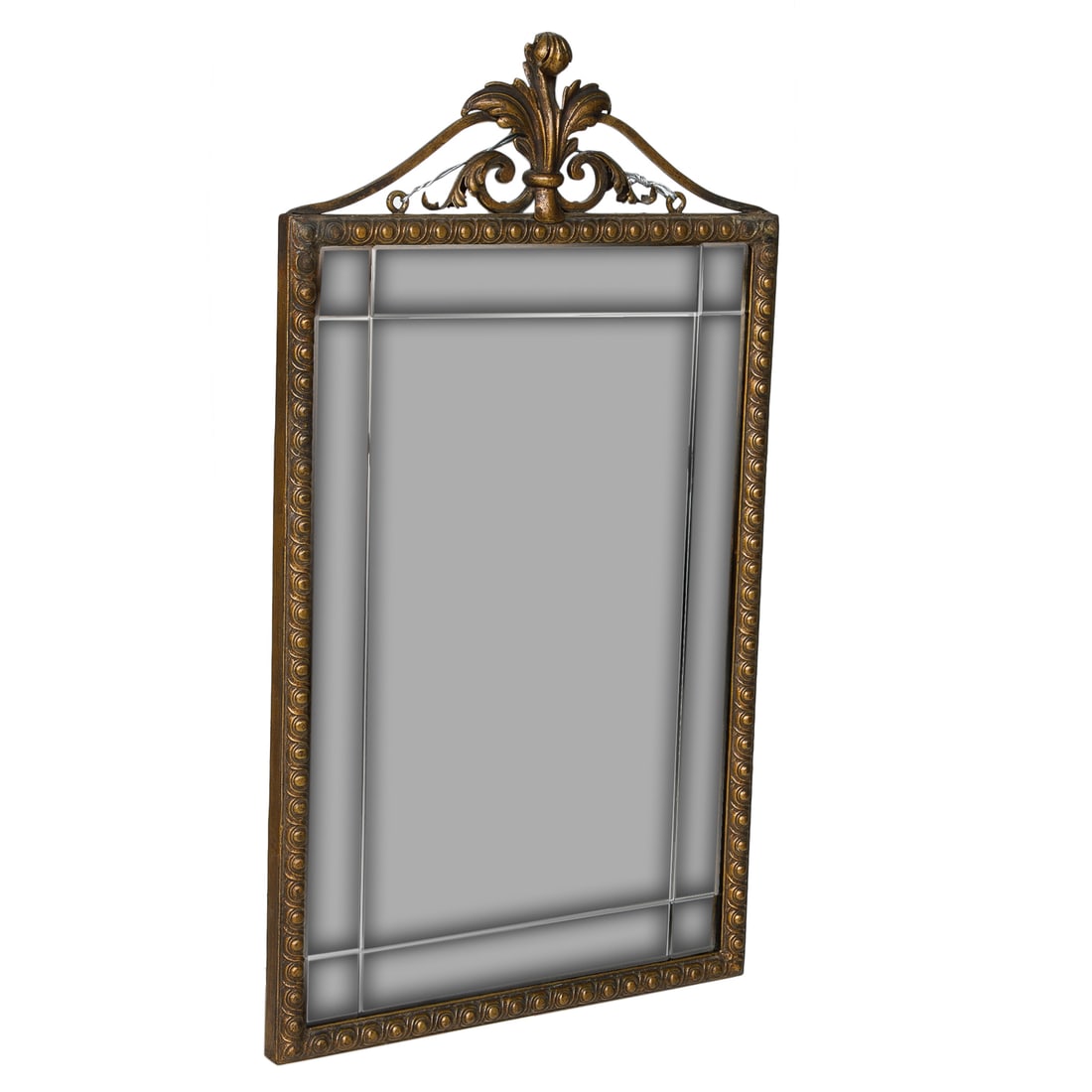Burnished Gold Metal Wall Mirror: Burnished Gold Metal Wall Mirror, Having Circular Design Edges, Top Having Acanthus Leaf and Vine Plume Style Top, Etched Mirror. 37.75" High, 21.25" Wide, 1.5" Deep