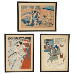 Collection of Oriental Prints on Rice Paper, Three Total
