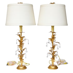 Contemporary Gold Leaf and Crystal Buffet Lamps, Pair