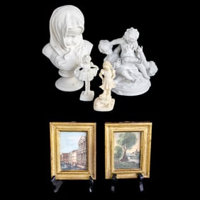 Bisque Style Figures and Petite Frame Scenes, Six Total Items