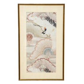 Framed Japanese Silk Embroidery, Depicting Crane on Floral Designs