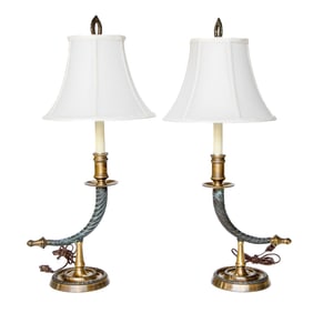Brass and Verde Faux Horn Shaped Candlestick Table Lamps, Pair