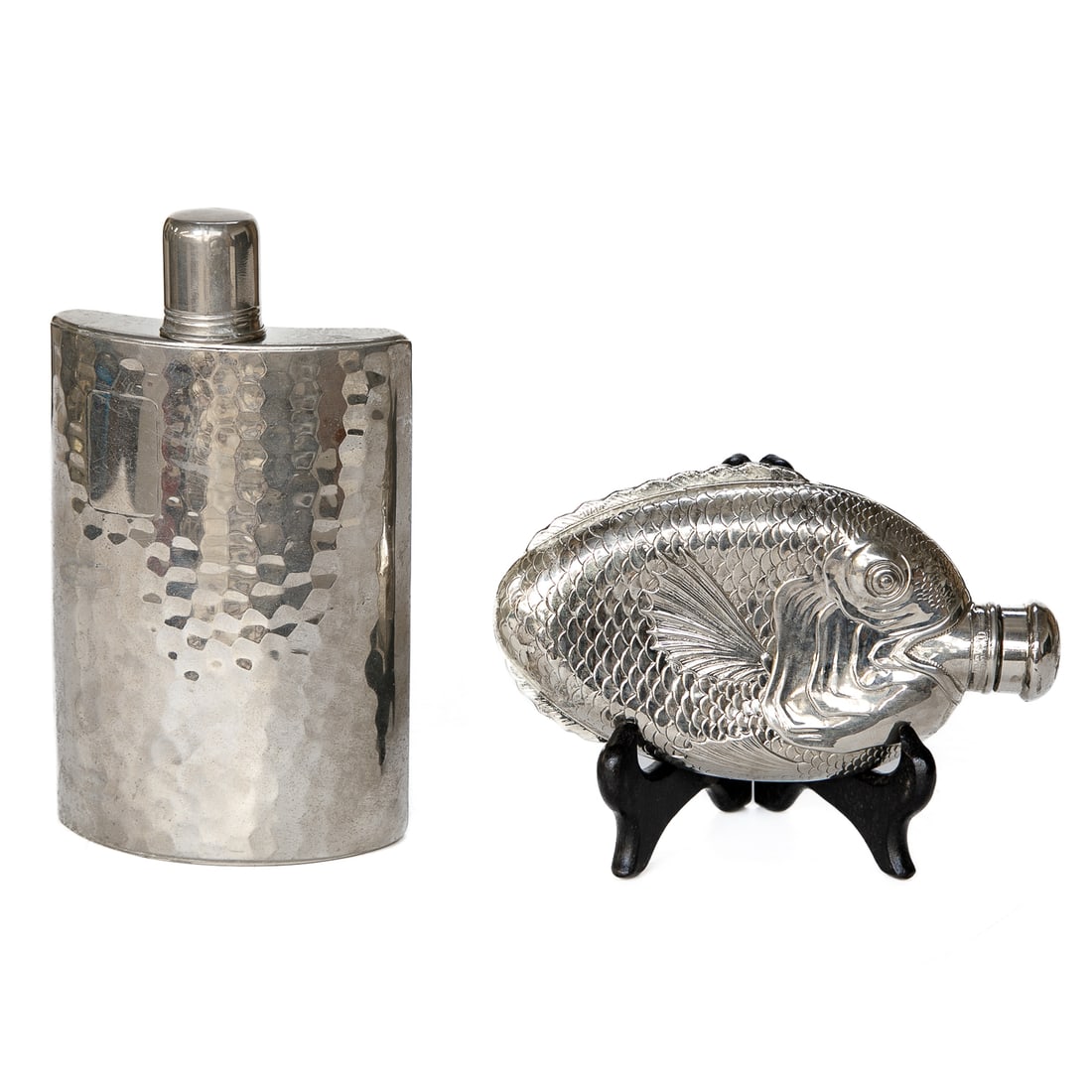 Silver Plated Flasks, Two Total: Silver Plated Flasks, Two Total, One Hammered Silver Plated West Germany Flask, Marked on Bottom and One Towle Fish Form Silver Plated Flask, Having Ornate Details in Fins and Scales, Monogrammed on T
