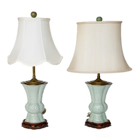Celadon Porcelain Lamps, Pair