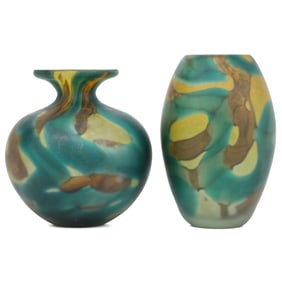 Multi-Colored Glass Vases, Companion Pair, One Oblong Shaped and One Bulbous Shaped