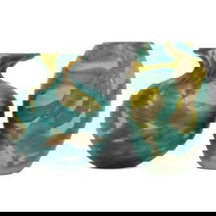 Multi-Colored Glass Vases, Companion Pair, One Oblong Shaped and One Bulbous Shaped: Multi-Colored Glass Vases, Companion Pair, One Oblong Shaped and One Bulbous Shaped, Both Featuring Colors of Teal, Brown and Green in Swirl Design, Oblong Vase Inscribed Malina 88. Oblong: 6" High, 4