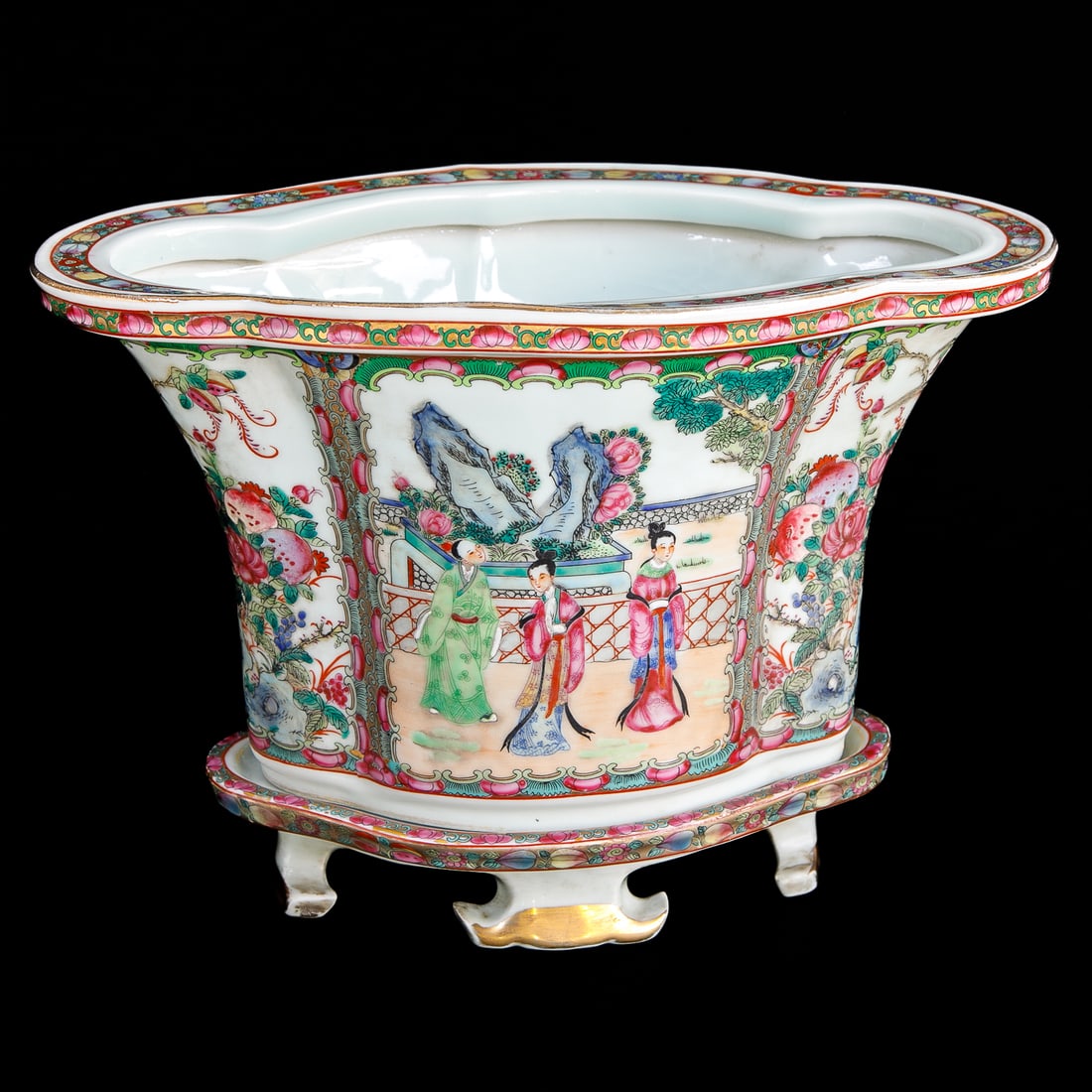 Shaped Rose Medallion Style Planter with Matching Under Plate: Shaped Rose Medallion Style Planter with Matching Under Plate, Having Multi Color Floral Top Edge and Pink Floral and Green Leaf Border, Alternating Side Panels of Figural Scenes and Floral Panels, Re