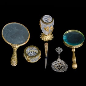 Group of Vintage Brass Vanity Items and Tea Strainer, Six Pieces Total