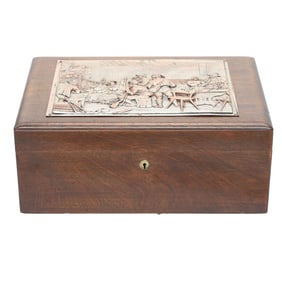 Vintage Mahogany Cigar Humidor Featuring a Silver Over Copper Tavern Scene Plaque on Hinged Lid