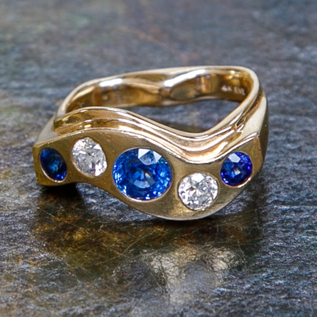 14K Yellow Gold Natural Blue Sapphire and Diamond Ring, Size 5.75