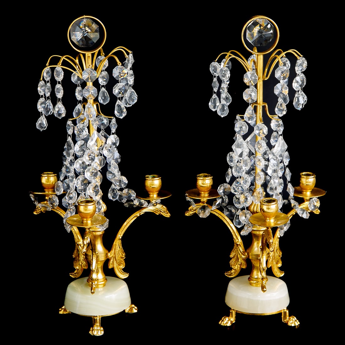 French Style Girondole Candelabras, Pair: French Style Girondole Candelabra, Pair, Having Circular Top Featuring Octagonal Prism, Nine Curves Featuring Double Octagonal and Tear Drop Strands, Six Curves Featuring Octagonal, Diamond and Tear D
