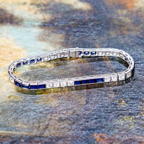 7 Inch Art-Deco Platinum Natural Diamond and Blue Sapphire Bracelet