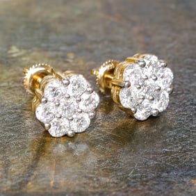 14K Yellow Gold Natural Diamond Cluster Earrings