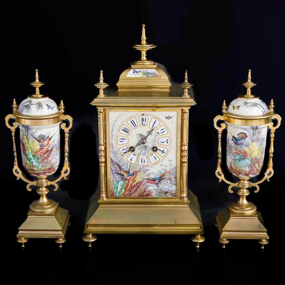 Antique French Style Brass and Painted Porcelain Clock Set, Three Pieces Total (1 of 10)