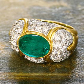18K Yellow Gold Natural Cabochon Emerald and Diamond Ring, Size 6.5