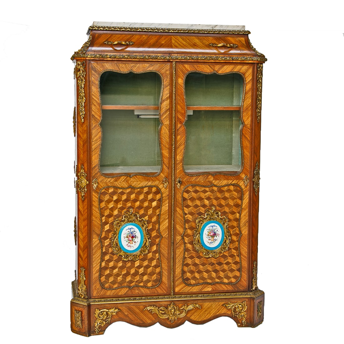 19th C. French Louis XV Style Kings Wood Inlaid Marble Top Bronze Mounted Display Cabinet (1 of 10)