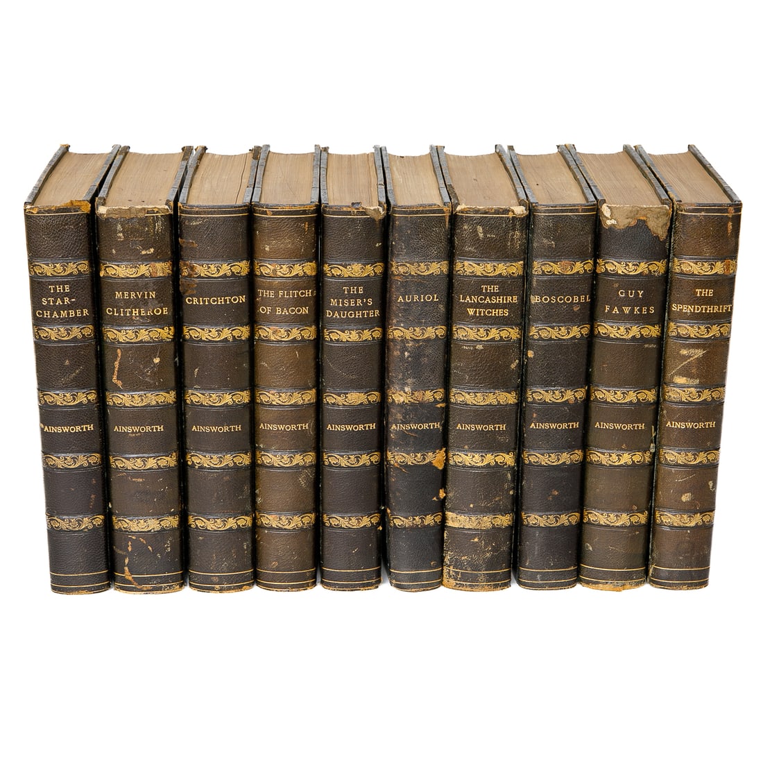 Collection of William Harrison Ainsworth Leather Bound Books, Ten Total Volumes: Collection of William Harrison Ainsworth Leather Bound Books, Ten Total Volumes, London: George Routledge and Sons, Having Emerald Green Leather and Gold Tooled Spines, Marbled Front and Back Panels.