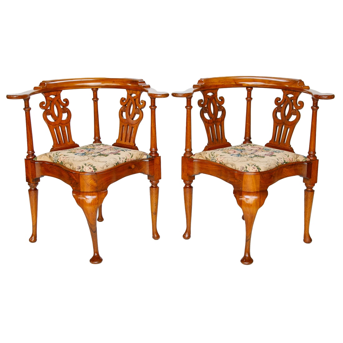 Late 19th/Early 20th C. Mahogany Corner Chairs, Pair: Late 19th/Early 20th C. Mahogany Corner Chairs, Pair, Having Cherry Finish, Curved Backs, Pierced Carved Splats, Turned Supports, Shaped Seat, Resting on One Front Cabriole Leg, Three Turned Back Legs