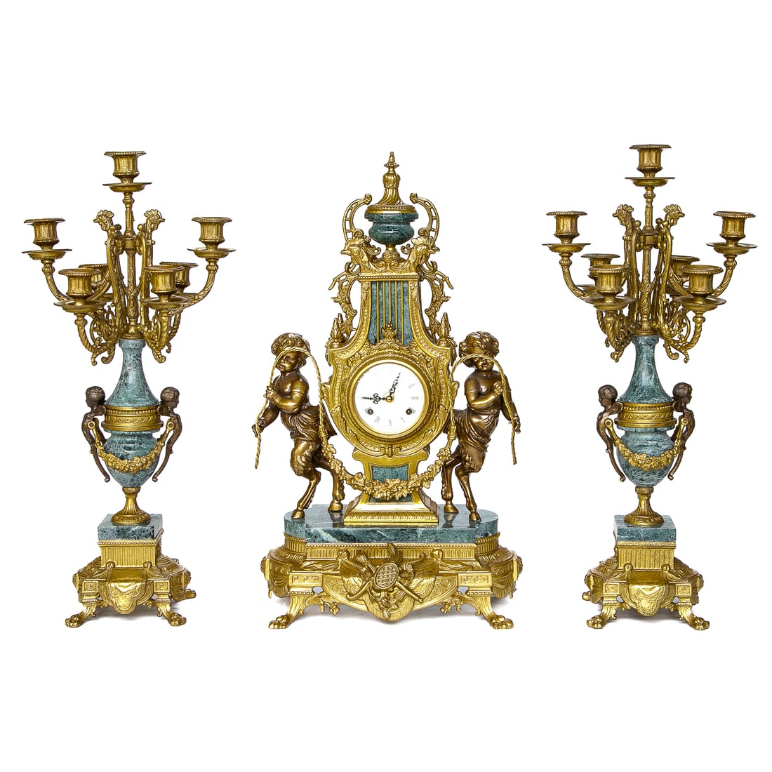 Vintage French Empire Style Brass and Verde Marble Clock Set, Three Total Pieces (1 of 12)