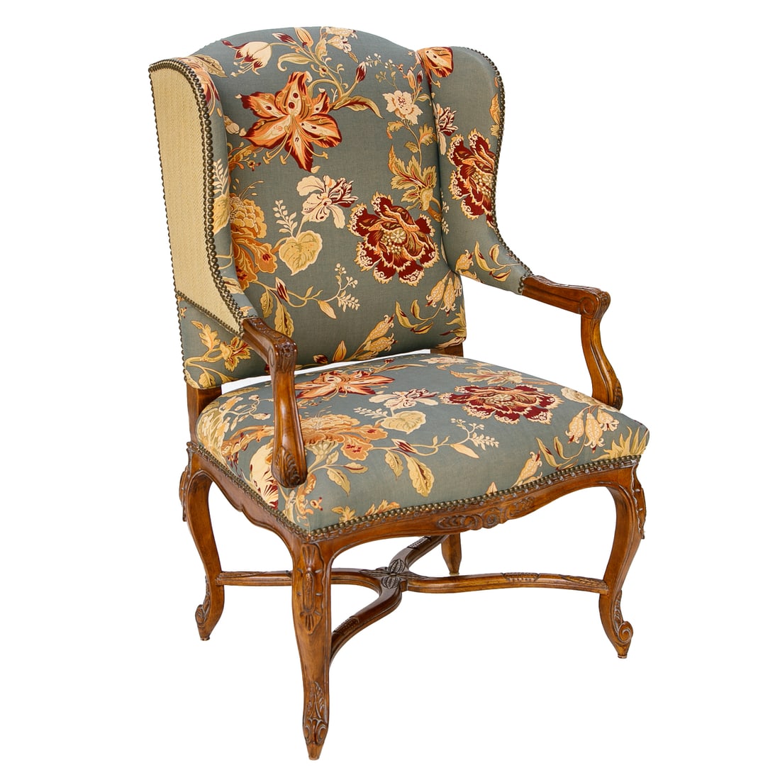 Louis XV Style Fruit Wood Finish Wing Back Arm Chair: Louis XV Style Fruit Wood Finish Wing Back Arm Chair, Having Shaped Wings, Curved Arms Featuring Leaf Carved Arms, Shaped Seat, Shaped and Carved Apron, Resting on Cabriole Legs Featuring Floral Carve