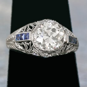 Art-Deco Platinum Filigree Natural Diamond Engagement Ring, Size 6.5