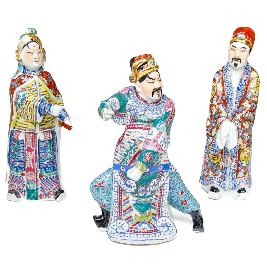 Group of Vintage Chinese Porcelain Robed Gods, Three Total Pieces: Group of Vintage Chinese Porcelain Robed Gods,Three Total Pieces, Includes One Having Cobalt Blue, Bittersweet and Yellow Robe, Red Head Attire with Hands Clasped Together, 10.75" High, 4" Wide, 4" De