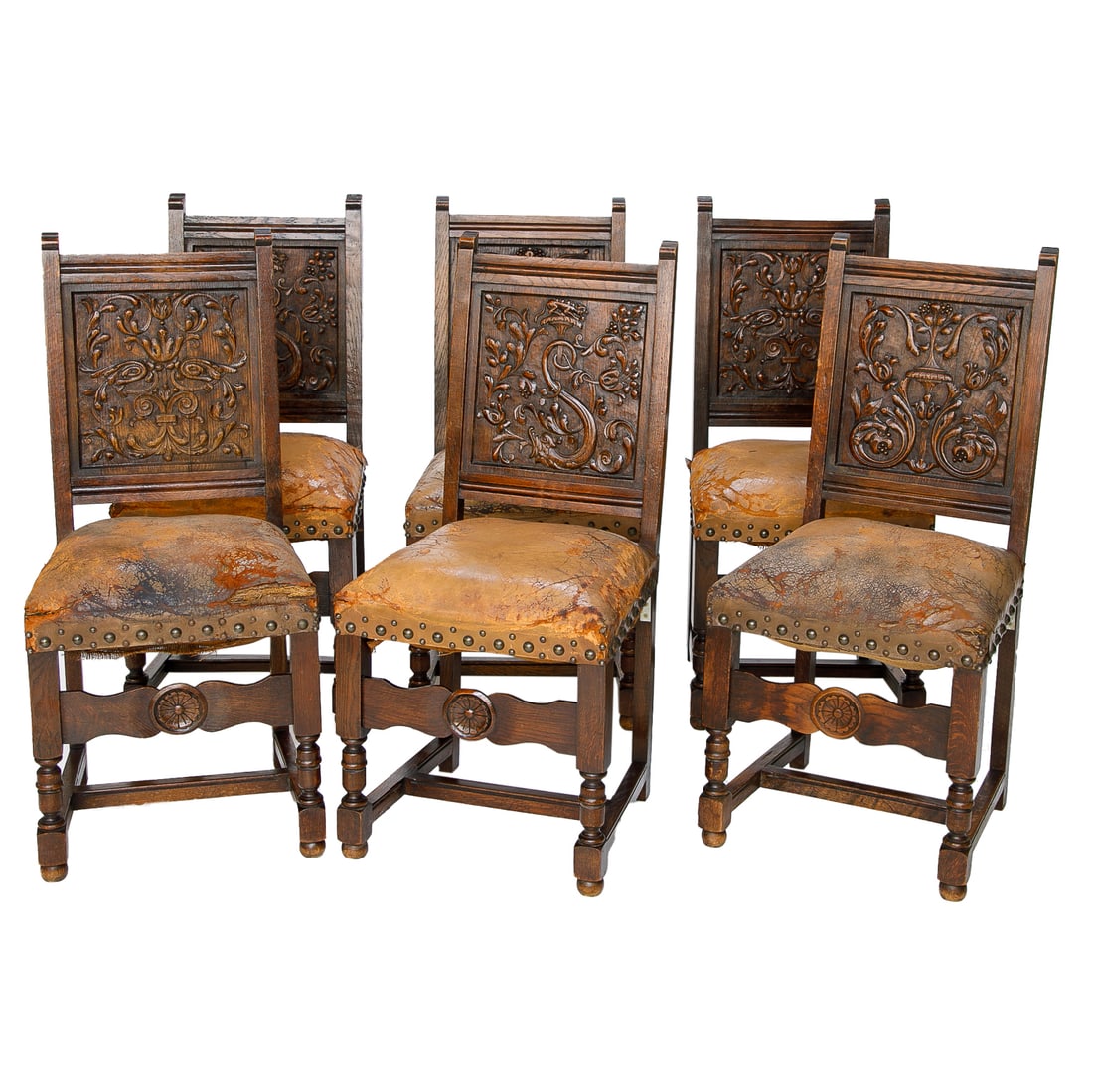 Antique Renaissance Revival Style Carved Oak Dining Chairs, Six Total Side Chairs (1 of 9)