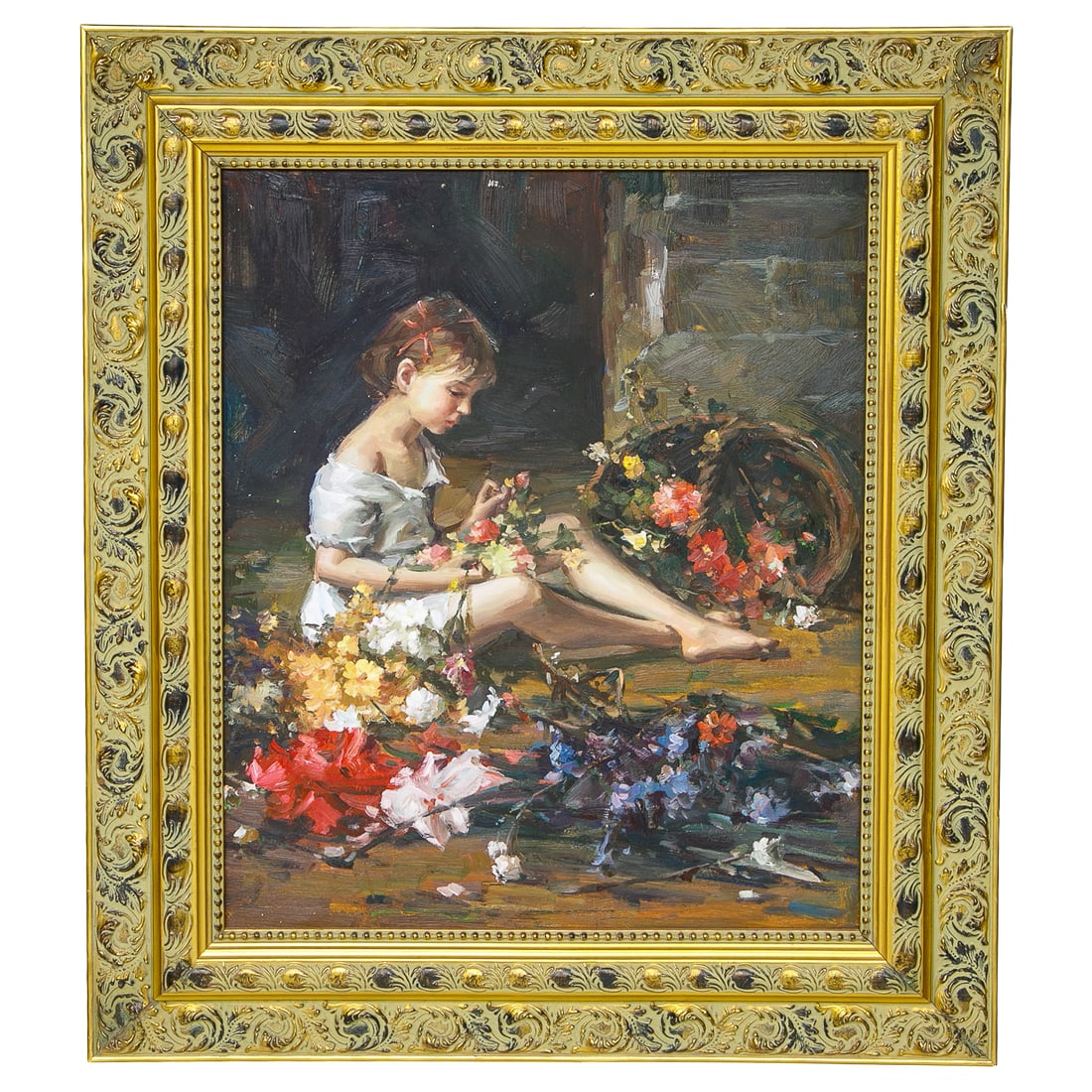 Garden Scene, Oil on Canvas: Garden Scene, Oil on Canvas, Depicting Young Girl Clothed in White Dress Among Multi Color Flowers Strewn All Over Floor From Basket, Housed in Ornate Gold Leaf and Pistachio Green Frame Featuring Lea