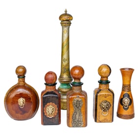 Group of Leather and Painted Table Top/Bar Items, Six Pieces Total