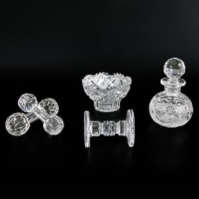 Cut Glass Items, Five Total Pieces, Includes Three Knife Rests, Bowl and Perfume Bottle