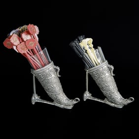 Decorative Silver Plated Drinking Horns on Stands, Pair