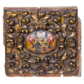 Late 19th C. Carved Italian Walnut and Gilt Wood Hanging Armory Plaque with Crest