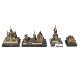 Vintage Bronze Souvenir Buildings on Marble Bases, Four Total