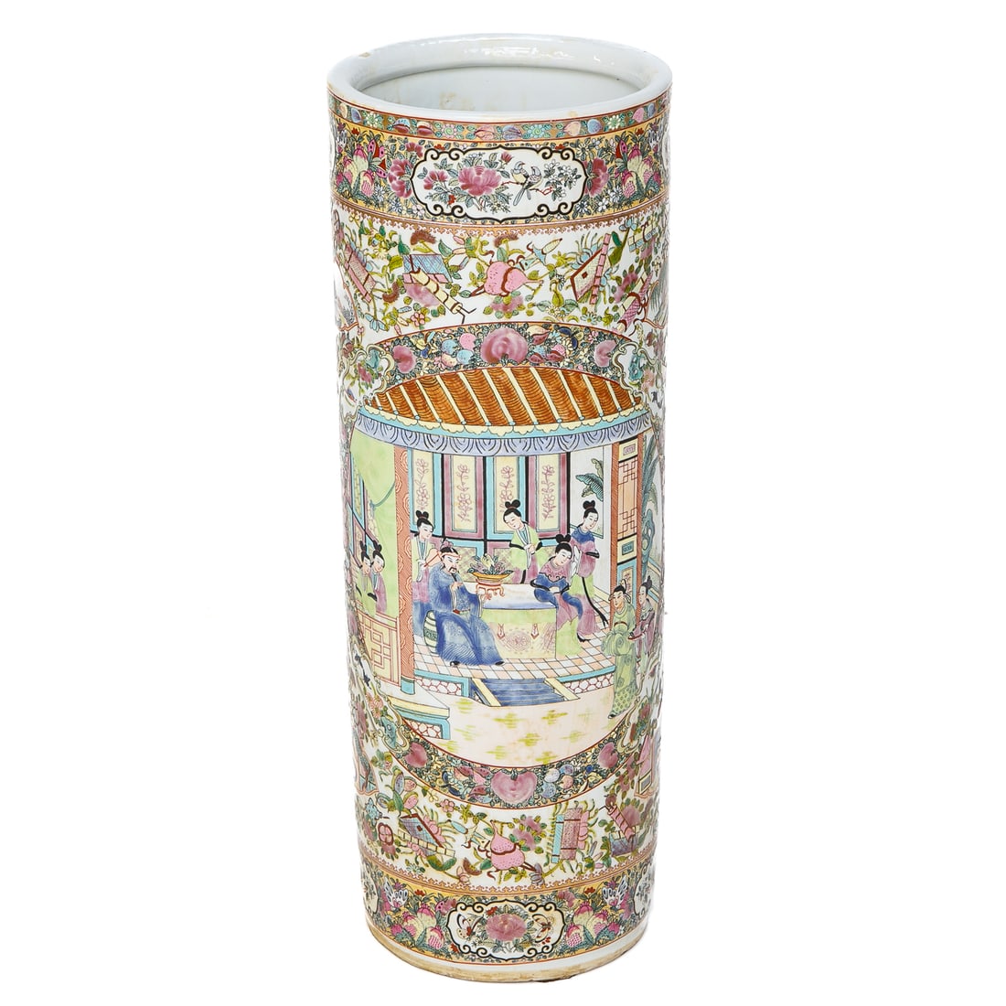 Vintage Chinese Export Rose Medallion Style Porcelain Umbrella Stand: Vintage Chinese Export Rose Medallion Style Porcelain Umbrella Stand, Having Two Multi-Color Figural Village Scene Panels Surrounded by Circular Floral Border, Multi-Color Floral Top and Bottom Border