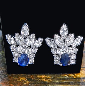 14K White Gold Cabochon Blue Sapphire and Diamond Earrings