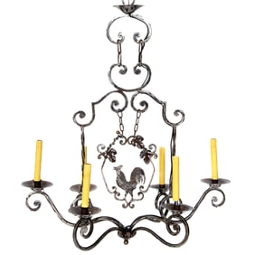 Vintage French Style Patinated Iron Rooster Chandelier