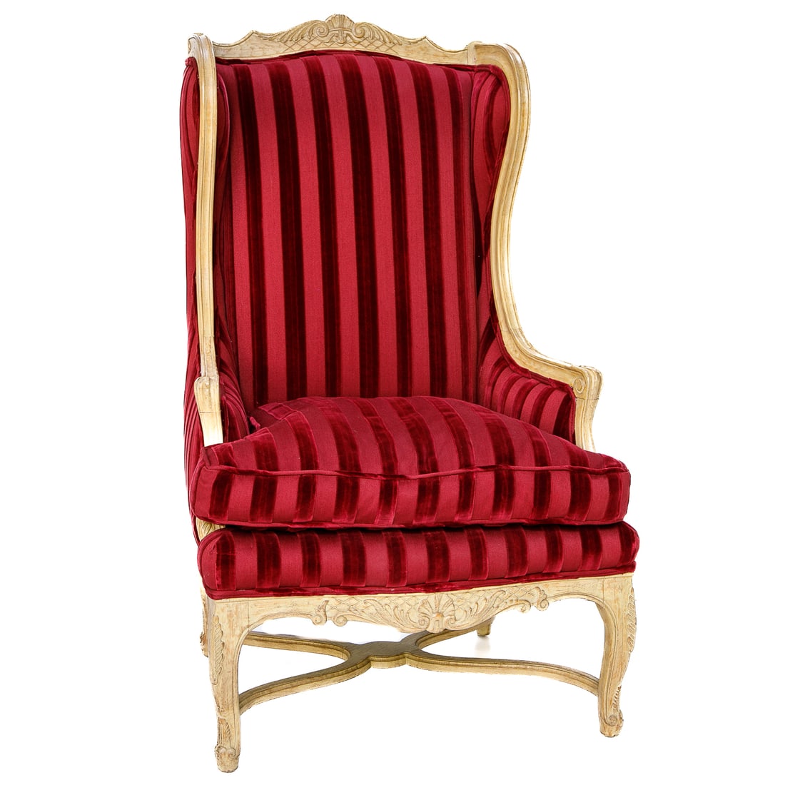 Louis XV Style Painted Finish Confessional Bergere Chair: Louis XV Style Painted Finish Confessional Bergere Chair, Having Painted Distressed Finish, Carved Top Rail Featuring Leaf Designs, Scroll Shaped Arms Featuring Carved Acanthus Leaves, Shaped and Carv