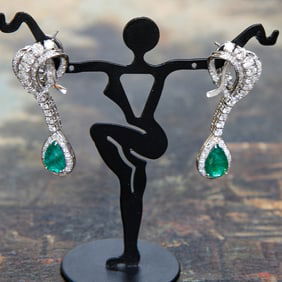 Platinum Emerald and Natural Diamond Earrings