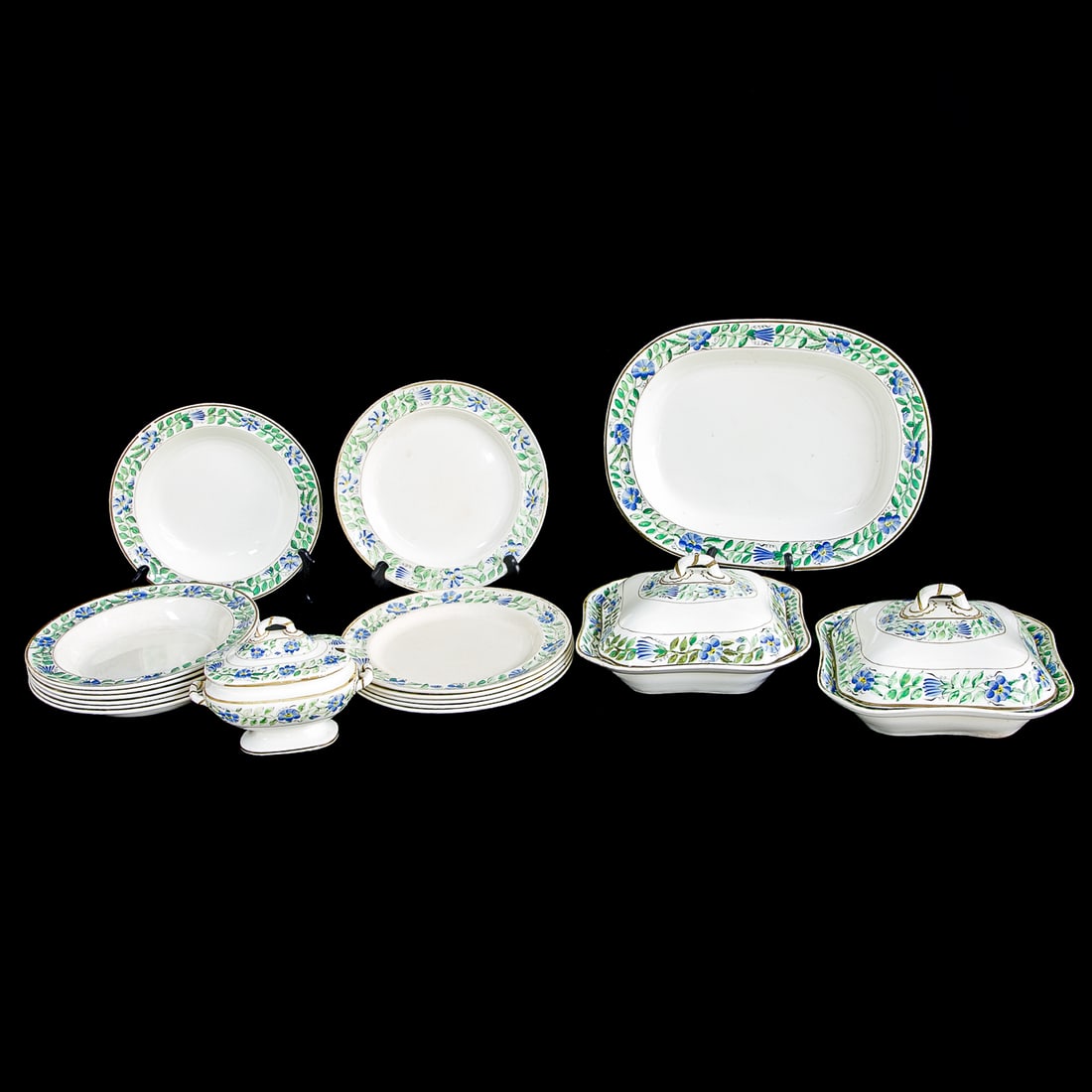 Set of Vintage Spode China, Seventeen (17) Pieces Total: Set of Vintage Spode China, Seventeen (17) Pieces Total, Includes Six (6) Dinner Plates; Seven (7) Cream Soup Bowls; Two (2) Square Covered Vegetable Dishes; One (1) Oval Platter; One Sauce Tureen, Al