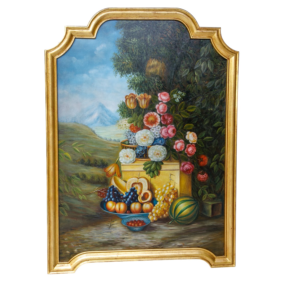 Fruit and Floral Still Life, Oil on Artist Board: Fruit and Floral Still Life, Oil on Artist Board, Depicting Multi-Color Florals Resting on Pedestal, Various Fruits Resting in Bowl and on Ground in Front, Landscape Background Featuring Mountains, Ho