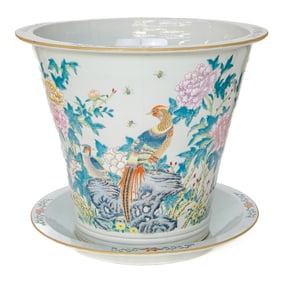 Vintage Chinese Porcelain Jardiniere with Matching Under Plate